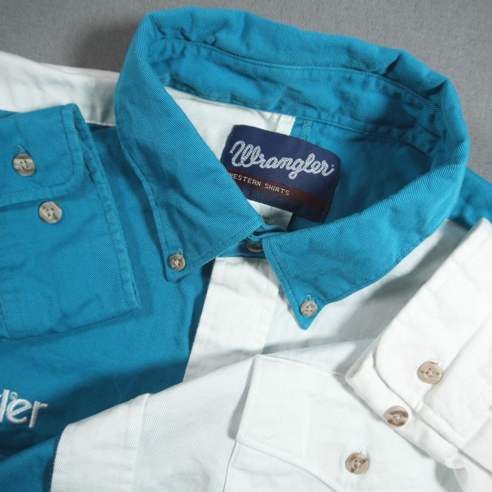 Y2K Wrangler Western Cowboy Retro Colorblock Twill Long Sleeve Men Shirt L